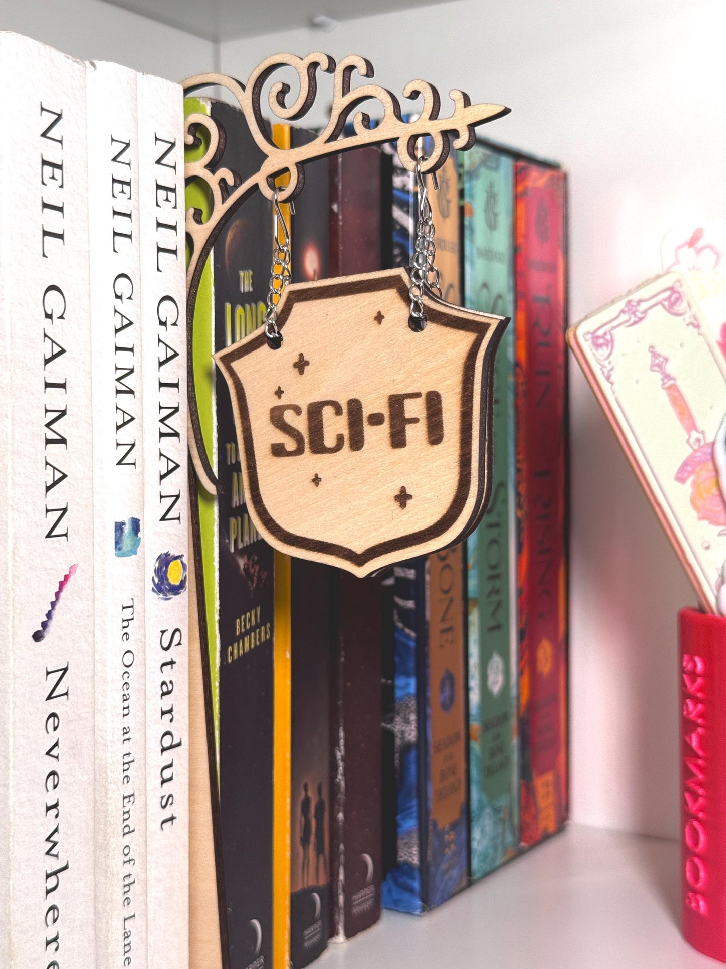 Laser Cut Wood Bookshelf Tavern Signs: Double Sided Book Genre Dividers