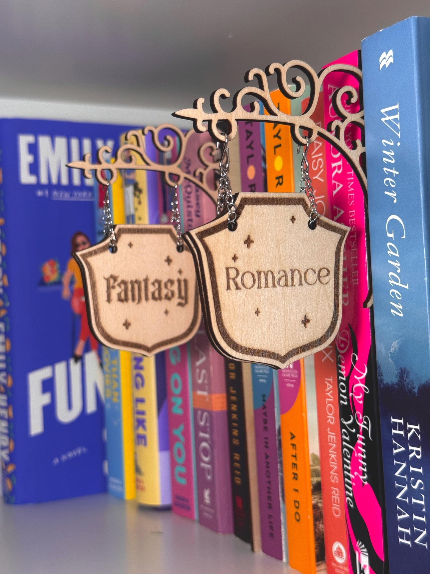 Laser Cut Wood Bookshelf Tavern Signs: Double Sided Book Genre Dividers