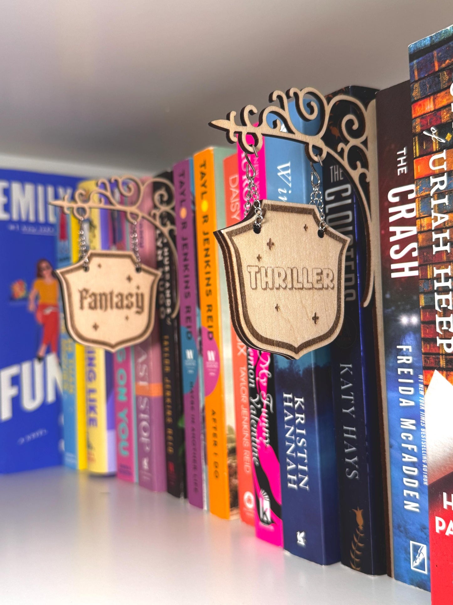 Laser Cut Wood Bookshelf Tavern Signs: Double Sided Book Genre Dividers